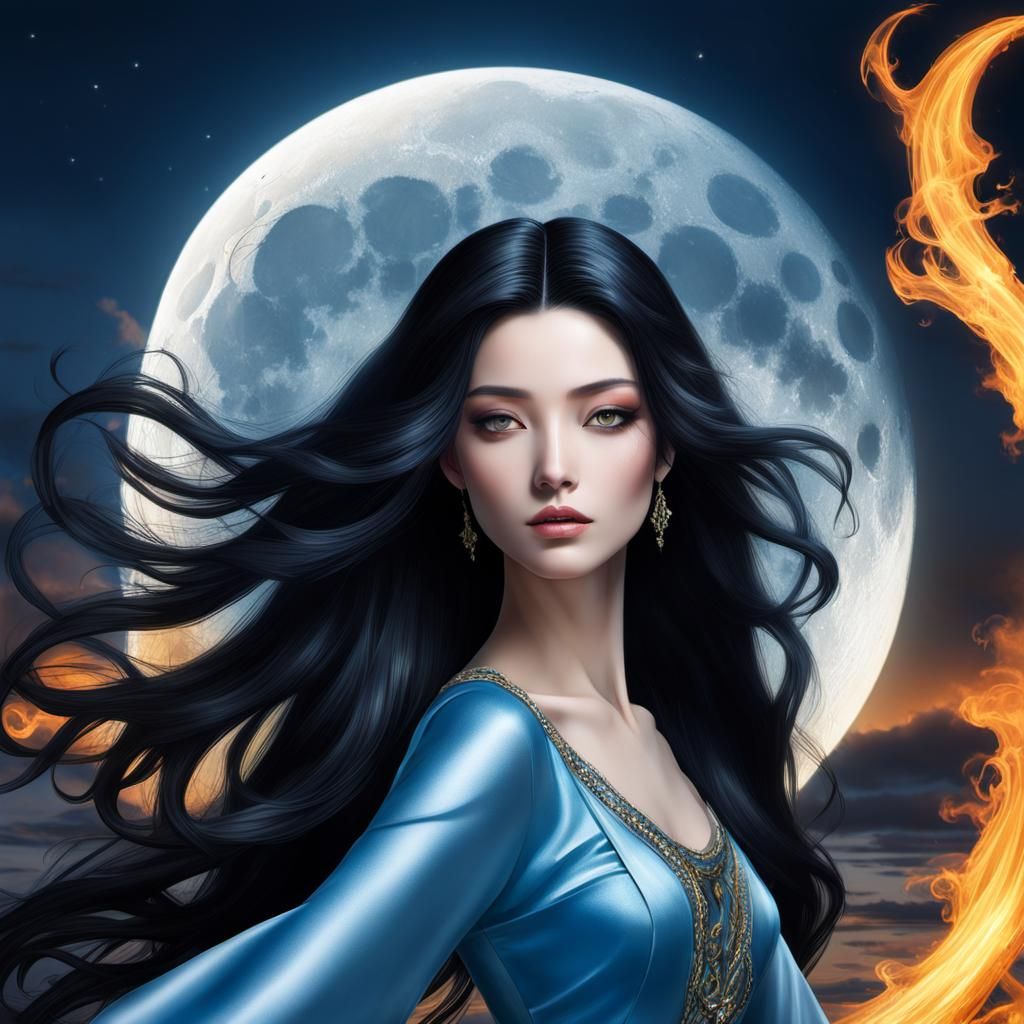 Beautiful Woman with Black Hair and Blue Eyes