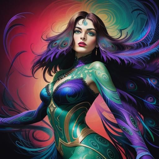 Peacock Woman Portrait in Digital Comic Art Style