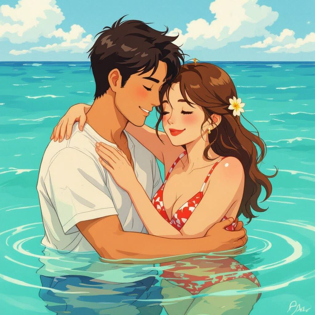 Loving Couple Embrace in Calm Sea, Anime Style