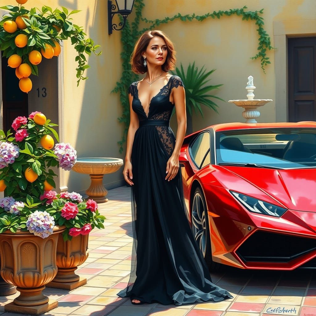 Woman and Red Lamborghini in Impasto Oil Style
