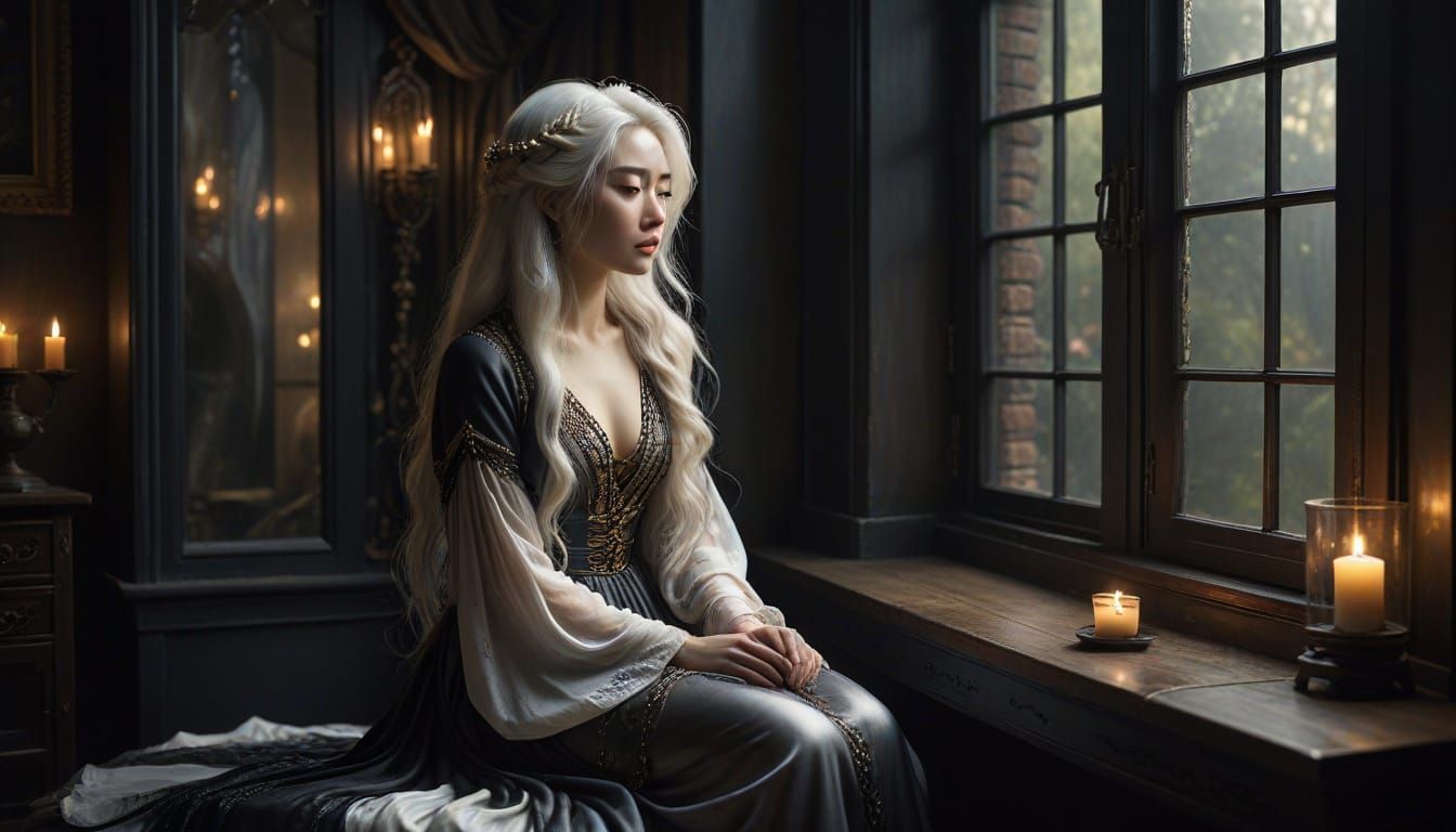 Sorrowful Woman in Pre-Raphaelite Style Boudoir