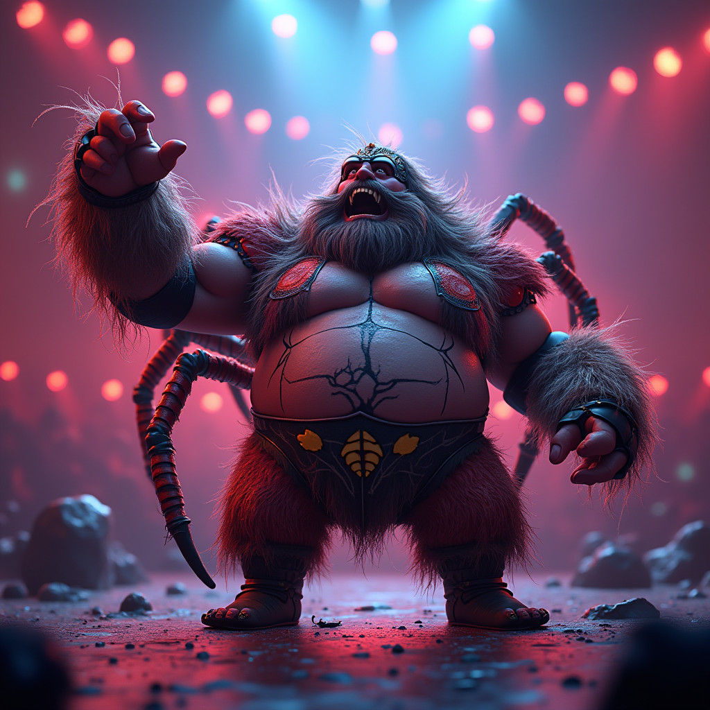 Stout Wrestler Triumphing in Spider-Themed Pixar-Style 3D Ar...