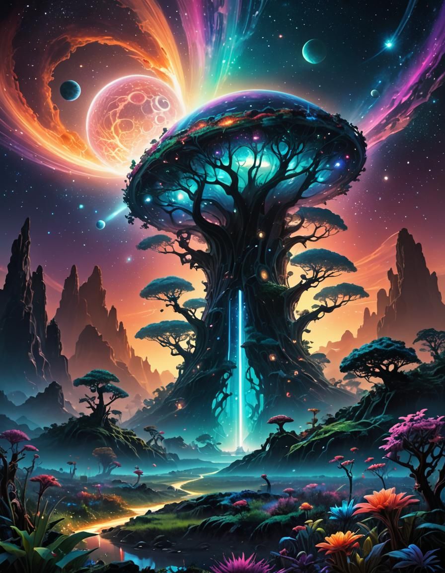 Iridescent Alien Landscape with Ringed Planets, Cosmic Fanta...