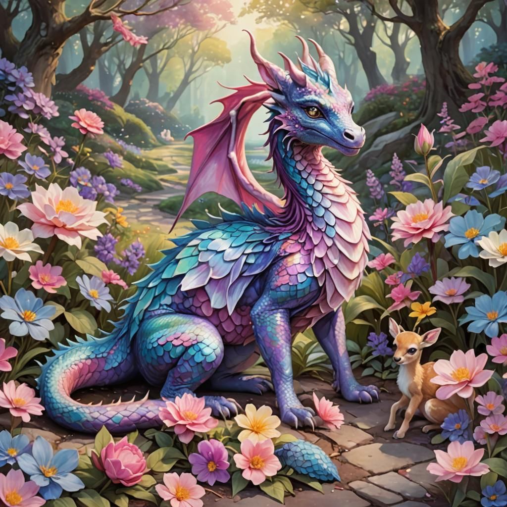 Playful Dragon with Baby Deer in Floral Meadow