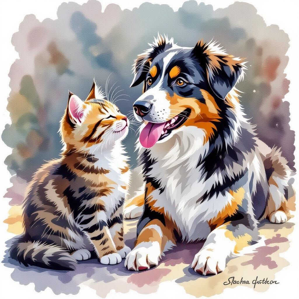 Affectionate Cat and Dog in Watercolor Style