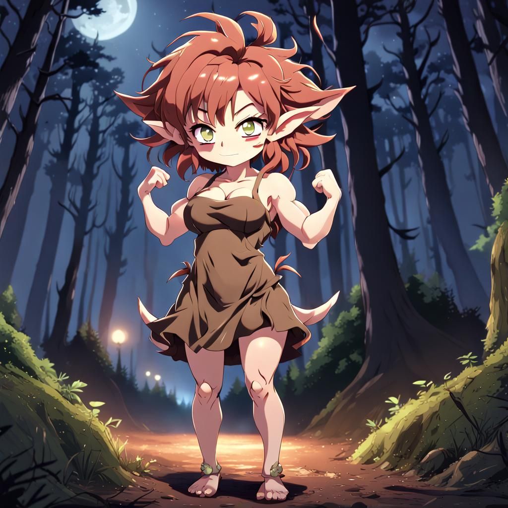 Cute Goblin Girl in Forest Village, Anime Style