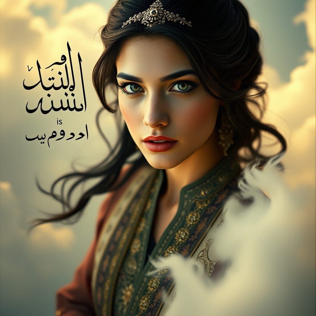 Surreal Persian Goddess soars amidst Clouds in Elegant Arabi...