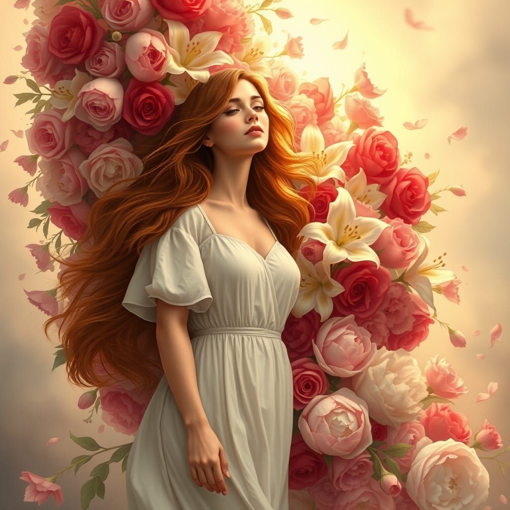 Woman Ascends Amidst Swirling Floral Dreamscape