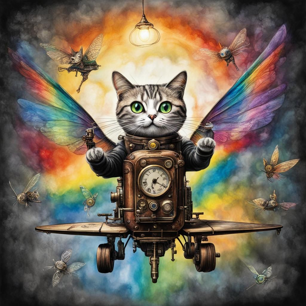 Steampunk Cats Flying: Surreal Crayon Rayograph