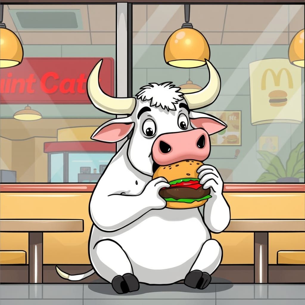 Cartoon Bull in a Fast Food Restaurant