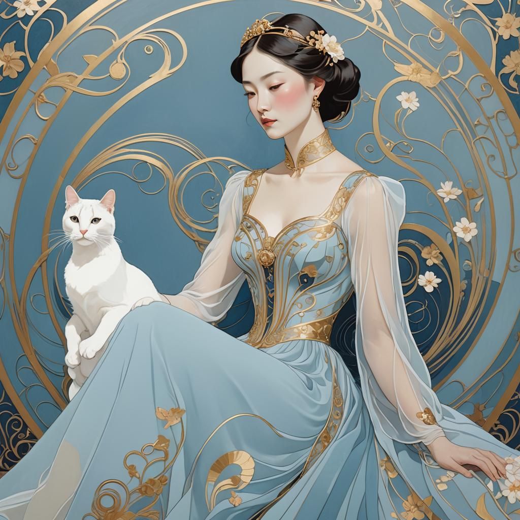 Elegant Lady with White Cat in Art Nouveau Style