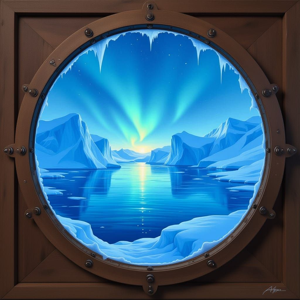 Arctic Icebergs Through Ship Portal Quache Painting