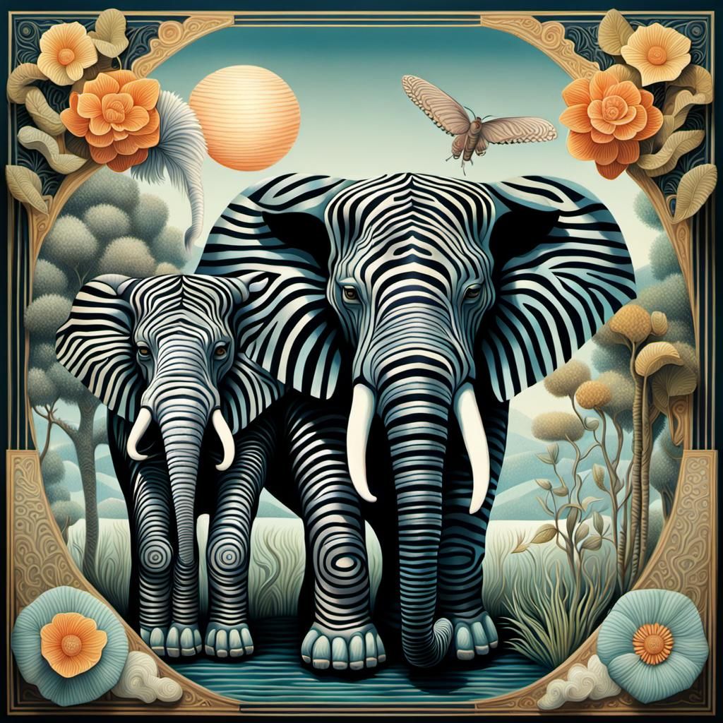 Optical Illusion: Zebra and Elephant in Mixed Media
