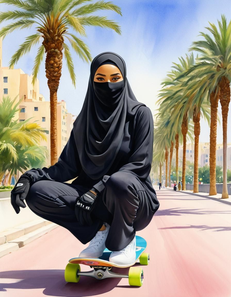 Smiling Girl in Niqab Skateboarding: Watercolor Portrait
