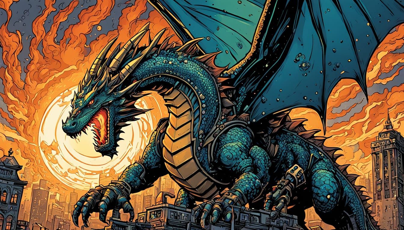 Steampunk Dragon Over Metropolis Comic Art