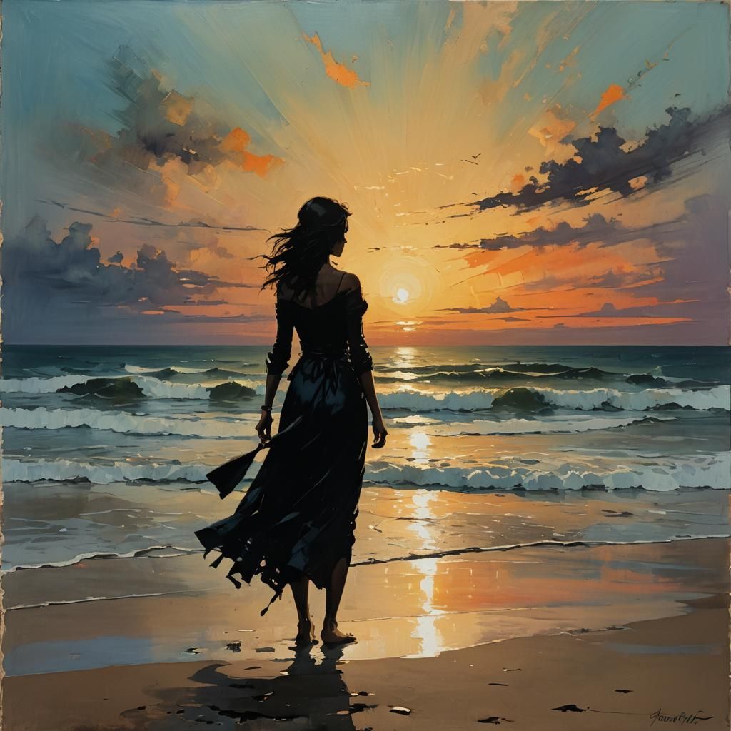Sunset Sorceress on Beach: Impasto Oil Painting