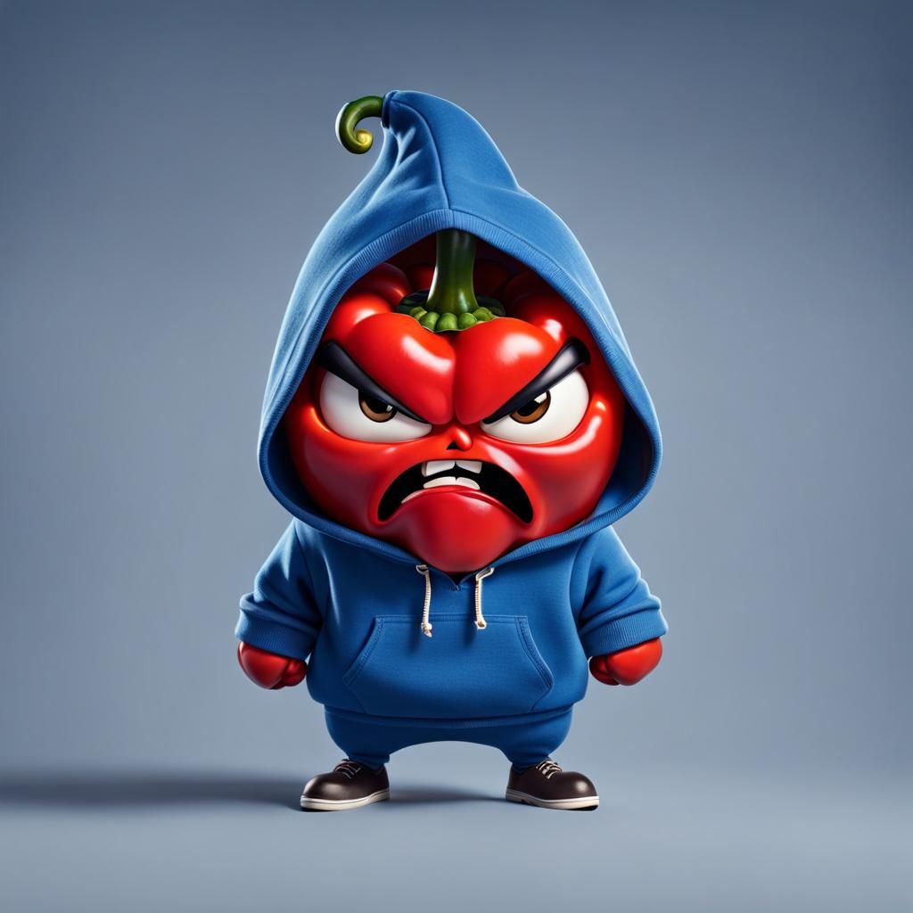 Cartoon Red Pepper Character in Blue Hoodie