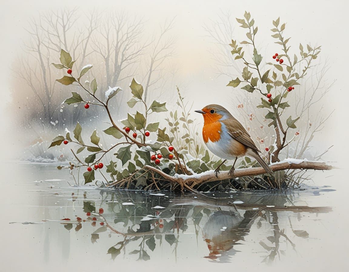 Enchanting Robin Perched on Frosty Branch in Winter Woodland