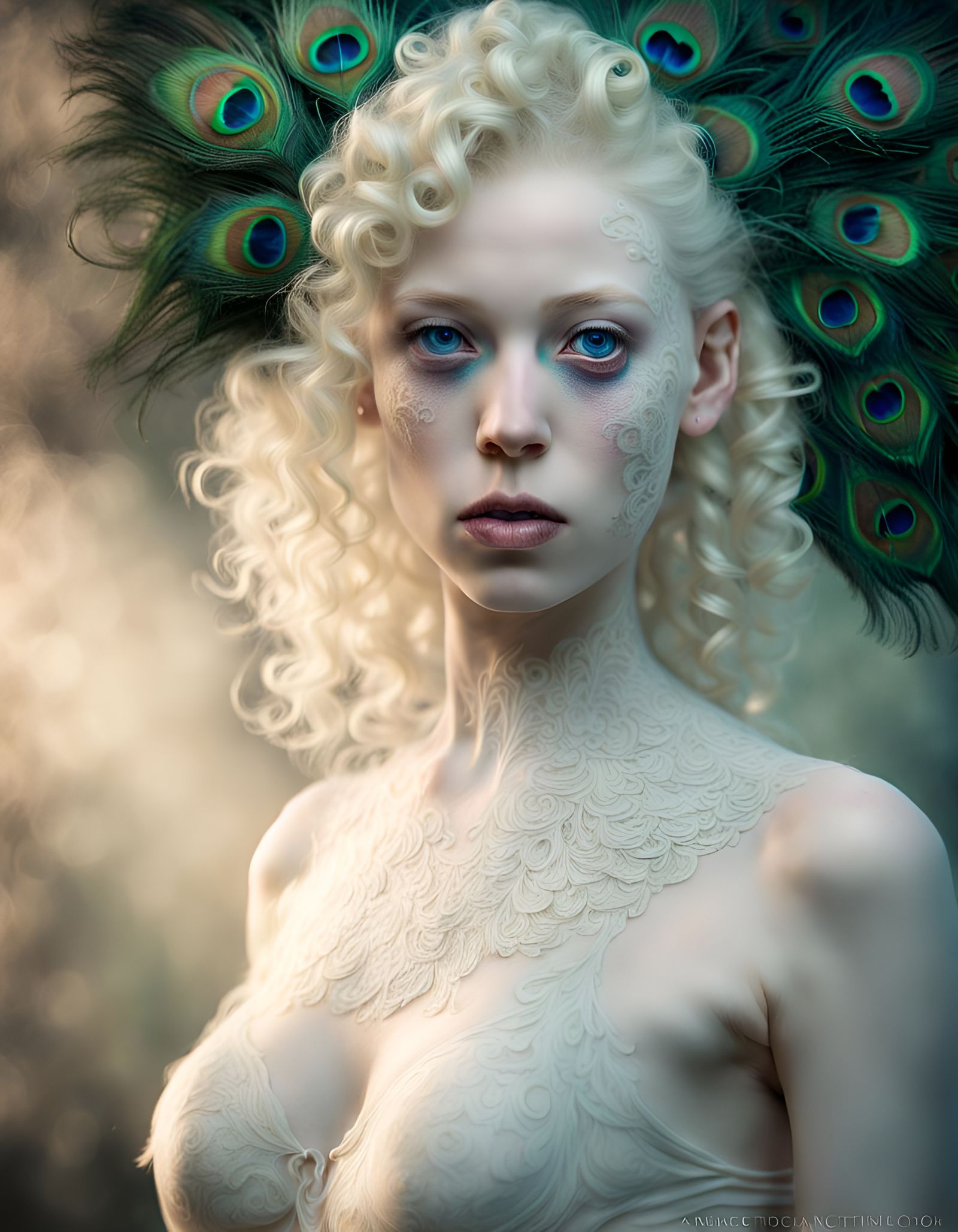 Ethereal Albino Girl with Peacock, Fantasy Horror Style