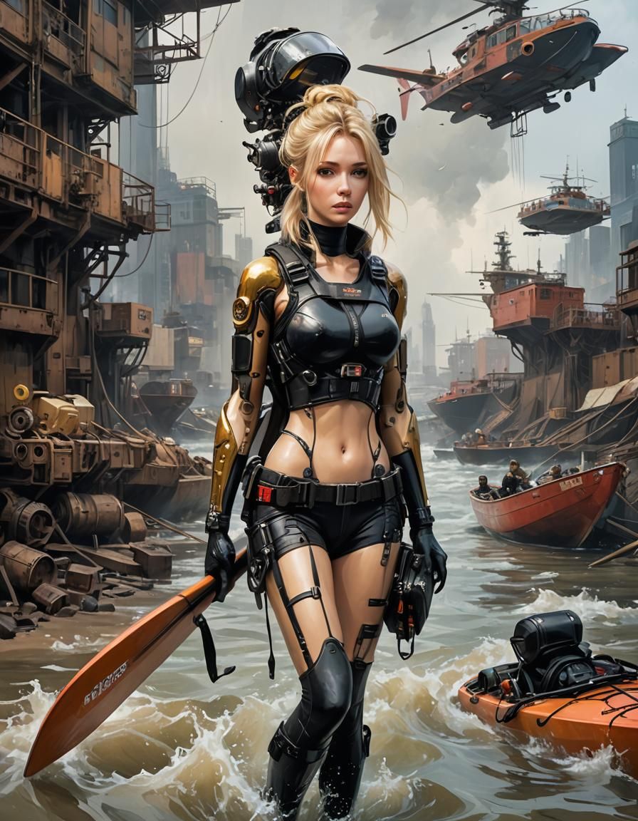 Biopunk Kayak Girl in Dieselpunk Industrial Style