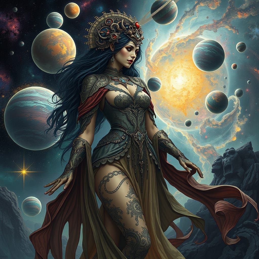 Ethereal Cosmic Woman in a Mystical Landscape