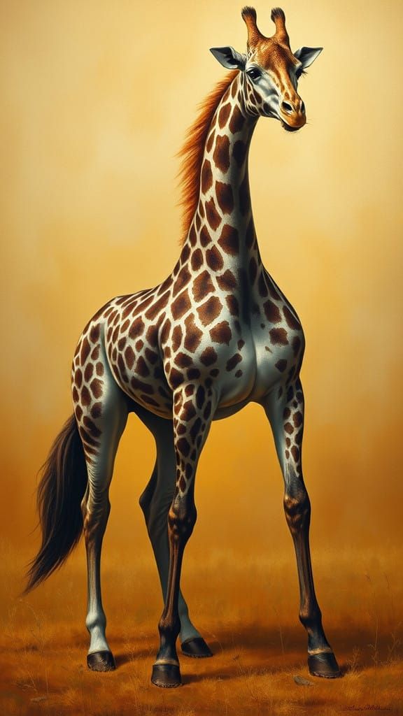 Majestic Horse-Giraffe Hybrid in Golden Savannah