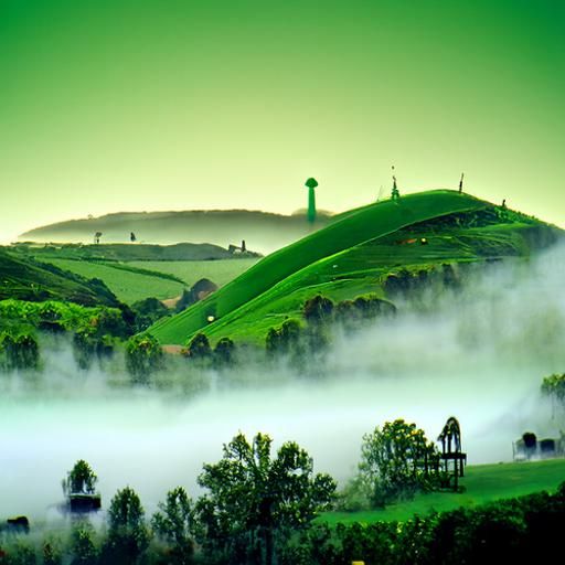 Misty Green Hills with Distant Clock Tower