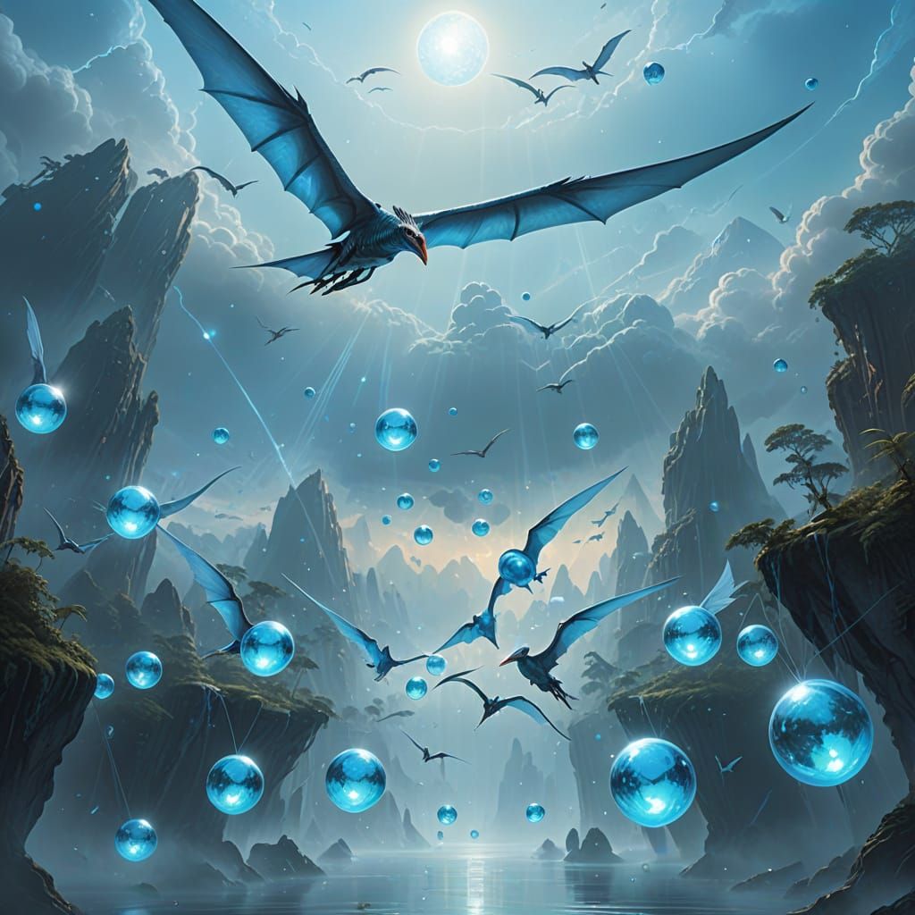 Pterodactyl Flight with Luminous Spheres in Digital Art
