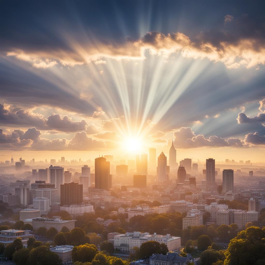 Sunrise Over City Skyline with Divine Light
