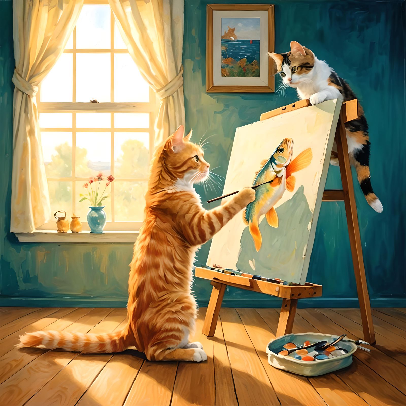 Tabby Cat Painting Fish Watched by Kitten