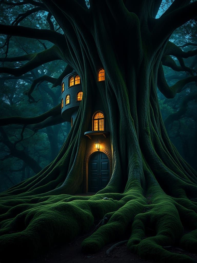 Whimsical Treehouse Home in Lush Forest at Night