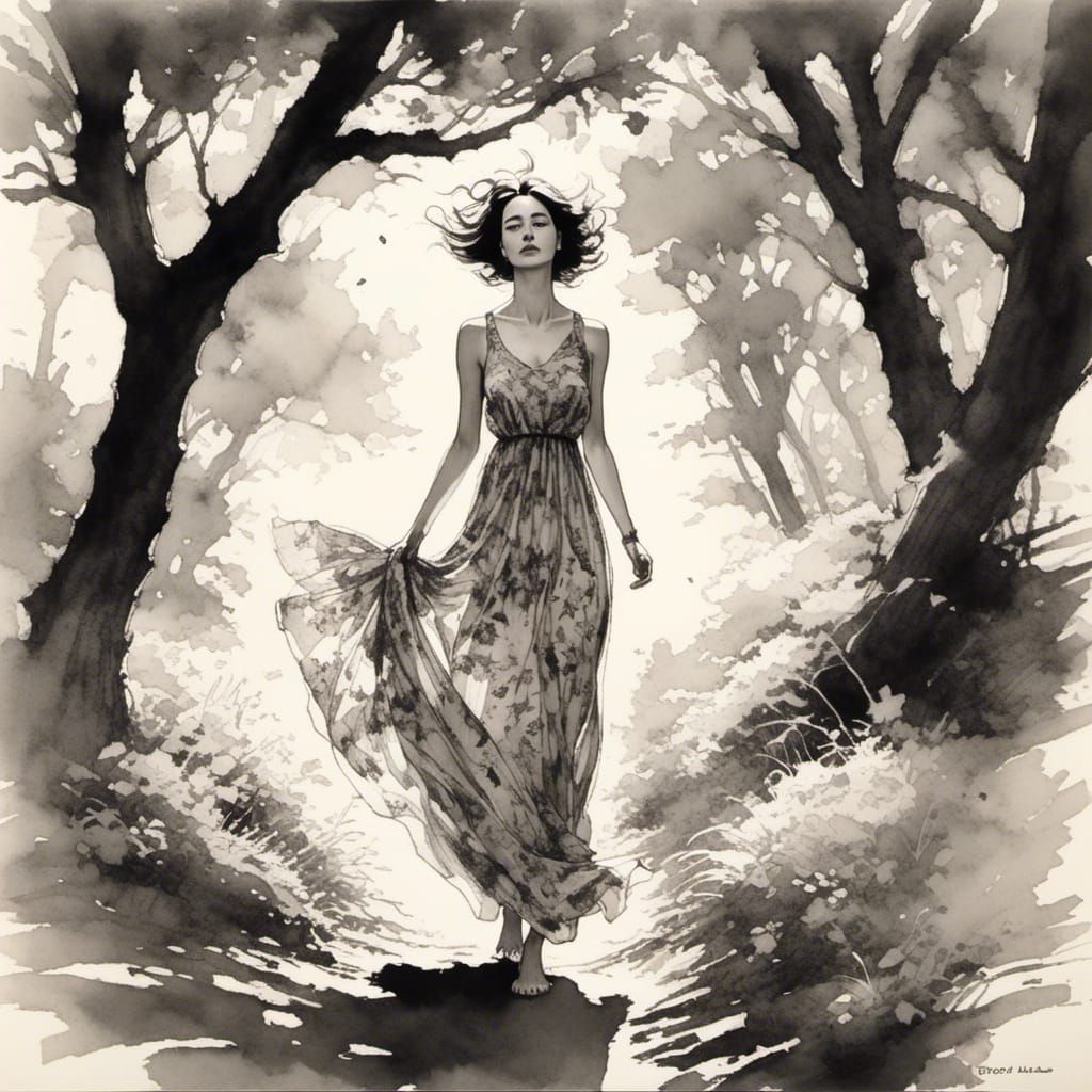 Radiant Trans Woman in Nature: Charcoal Ink Portrait