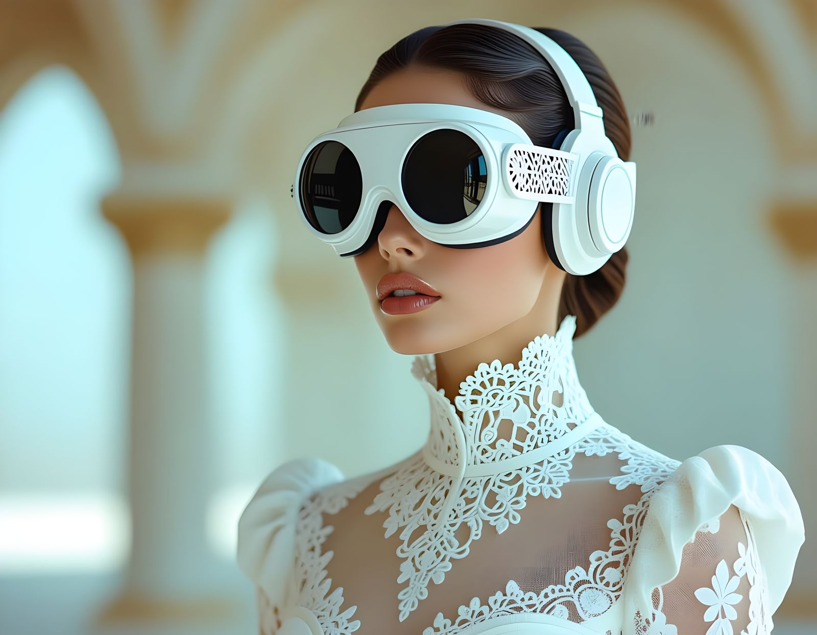 Futuristic Woman with Lace Headset in Neoclassical Style