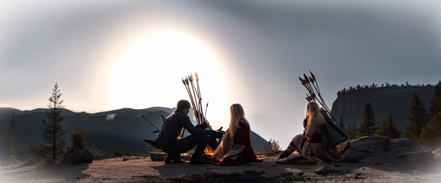 Campfire Scene with Archer and Woman in Red