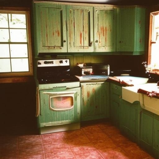Eerie 90s Cottage Kitchen in VHS Style