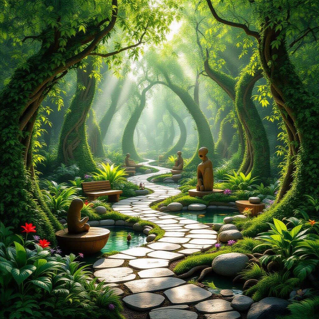 Hyper-Realistic Garden Maze with Sunlight and Sculptures