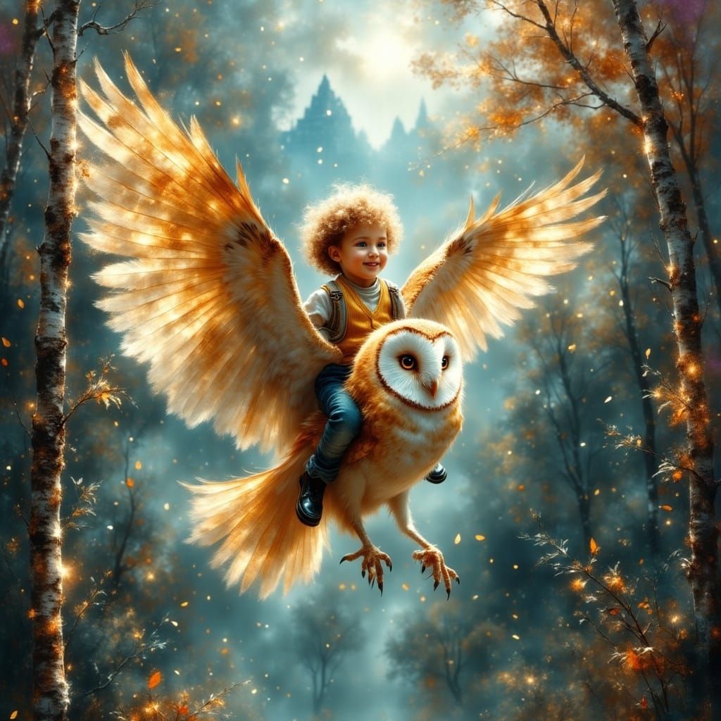 Young Boy Soars on Majestic Barn Owl in Ethereal Landscape