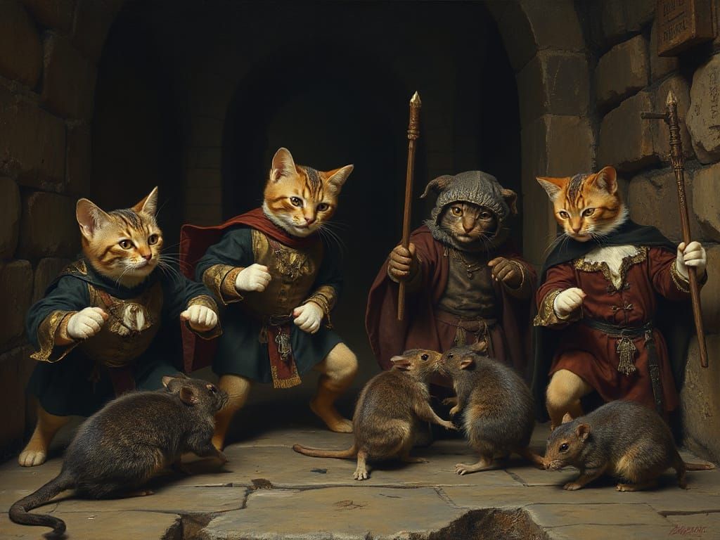 Heroic Cats Battle Rodents in Ominous Alleyway