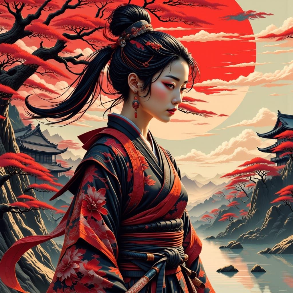Glitch Art Female Samurai in Japanese Landscape