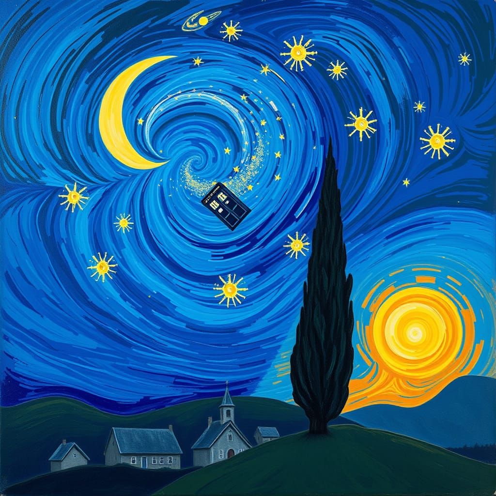 Cosmic Whirlpool with TARDIS in Vibrant Night Sky