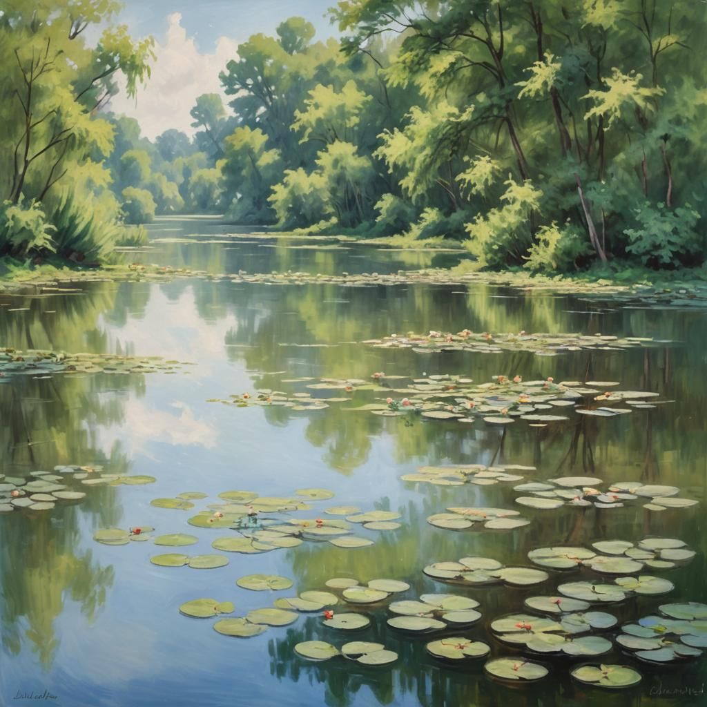 Tranquil Lake Reflecting Sky as Impressionist Painting