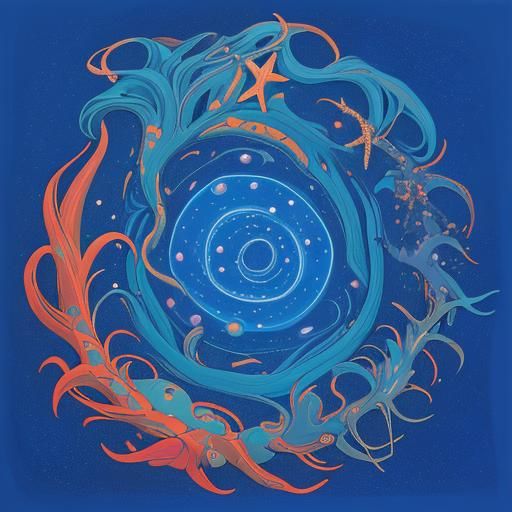 Avanyu Serpent Emerges from Starfish Ocean in Pueblo Style