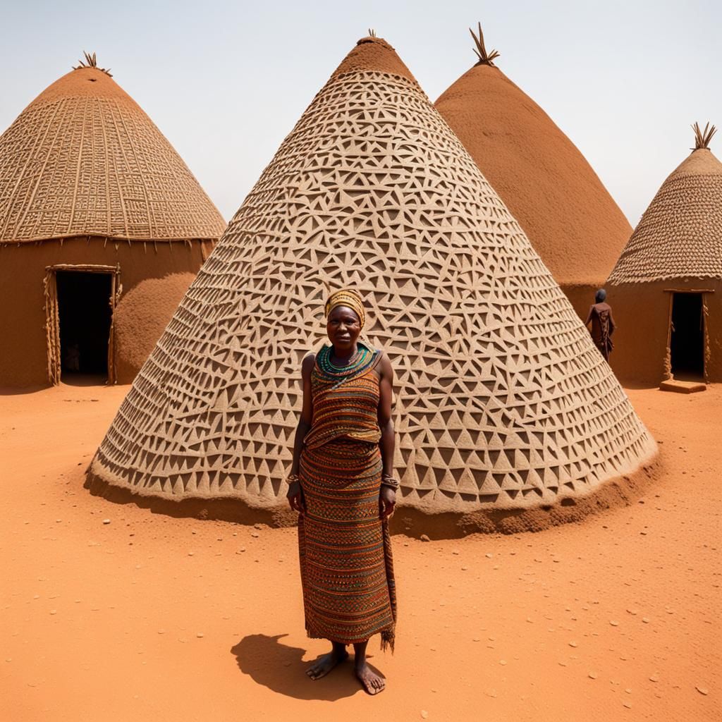 Musgum Woman and Traditional Mud House in Cameroon