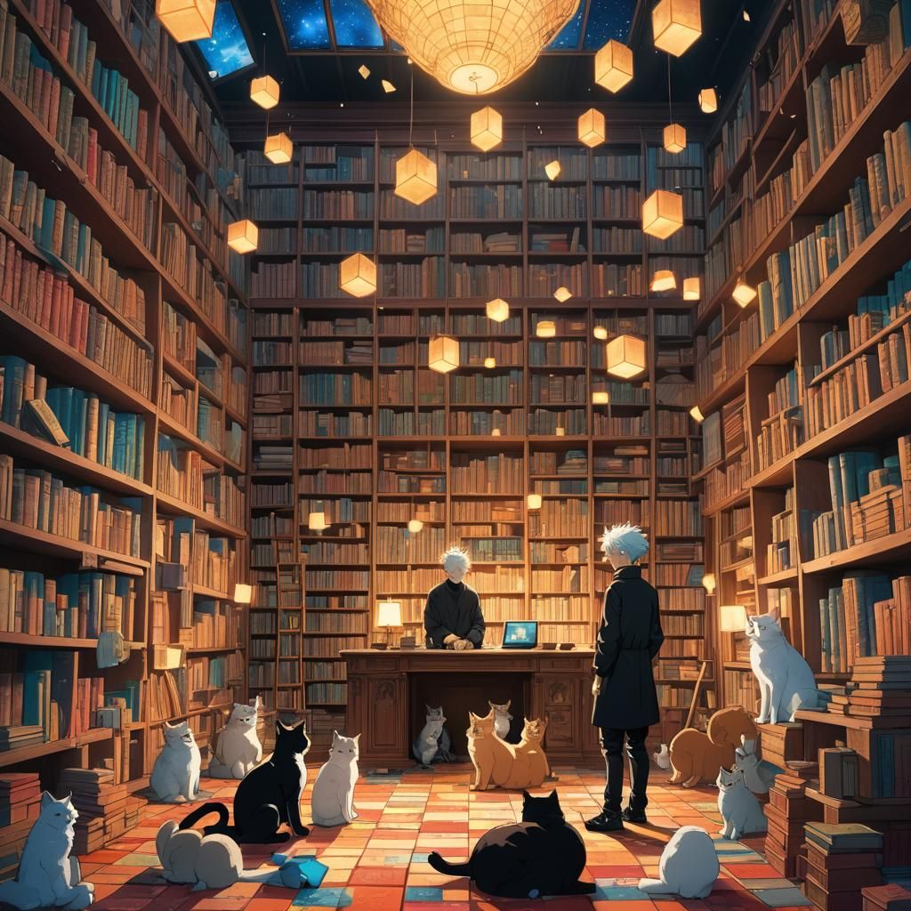 Gojo Plays Tetris with Cats in Dreamlike Library