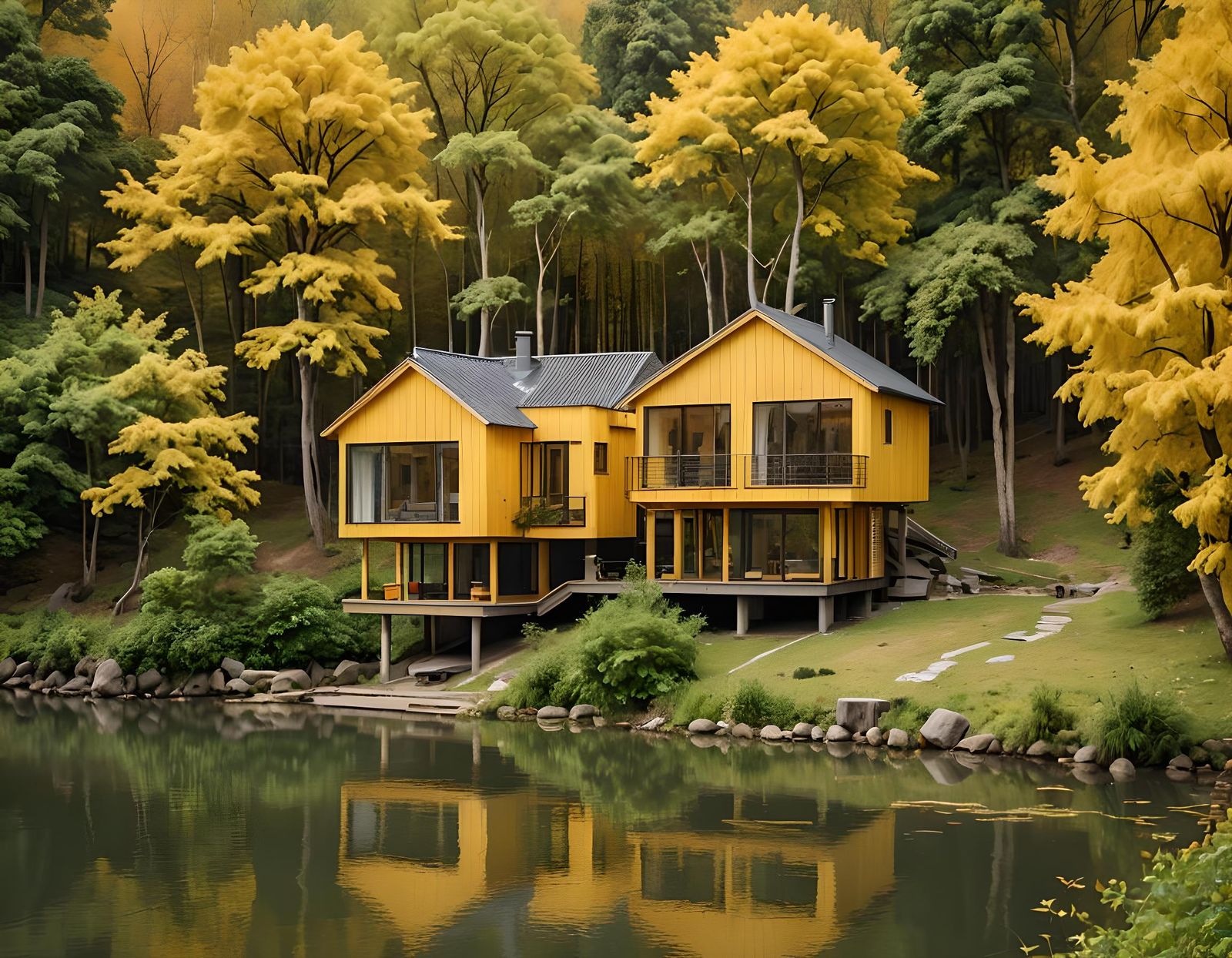 Abstract Wooden House With River Background