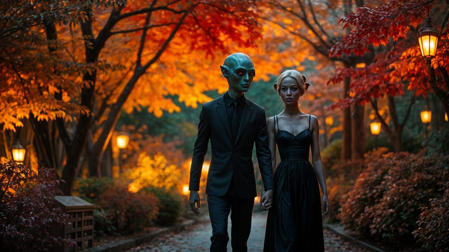 Alien Couple's Autumn Date Night in Japanese Garden
