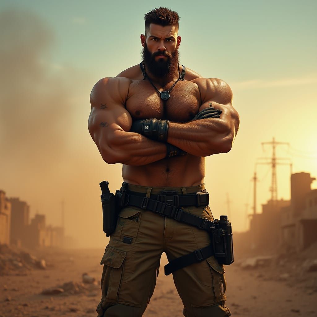 Hyper-Muscular Mercenary in Desert Battlefield