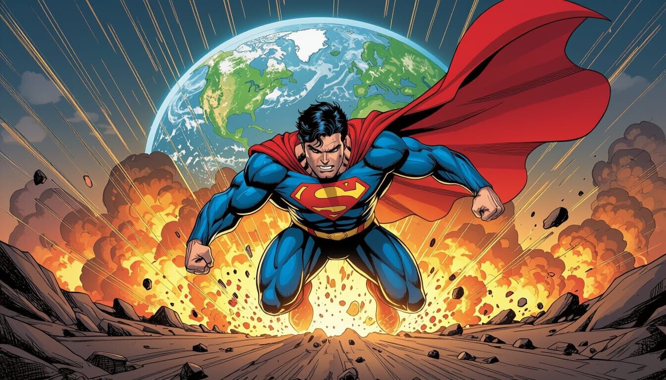Superman Punches Through Exploding Earth: Comic Book Art