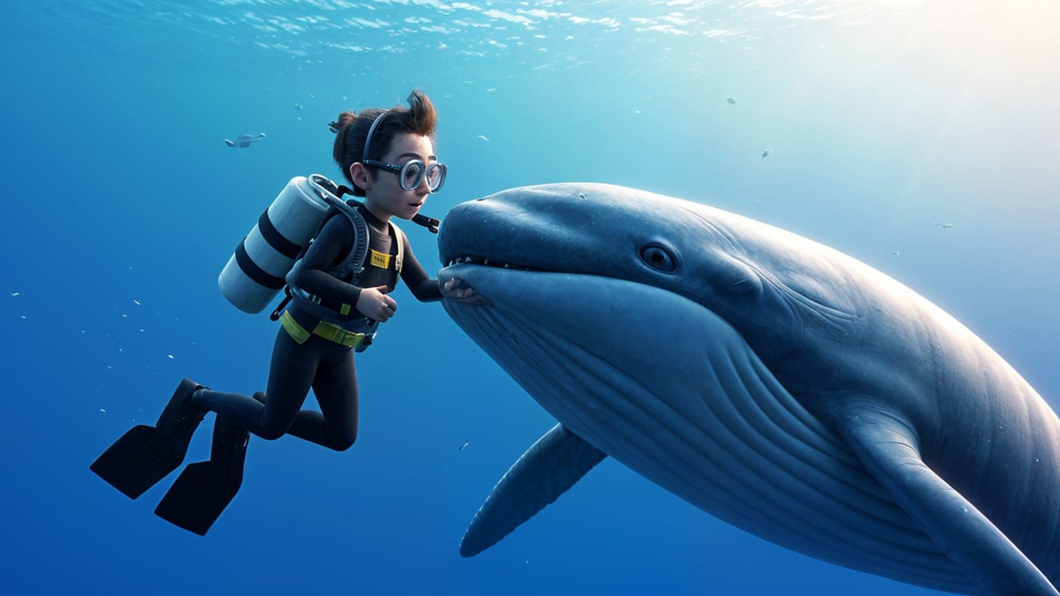 A peaceful moment between a diver and a curious humpback whale, Pixar, Disney, concept art, 3d digital art, Maya 3D, ZBr...