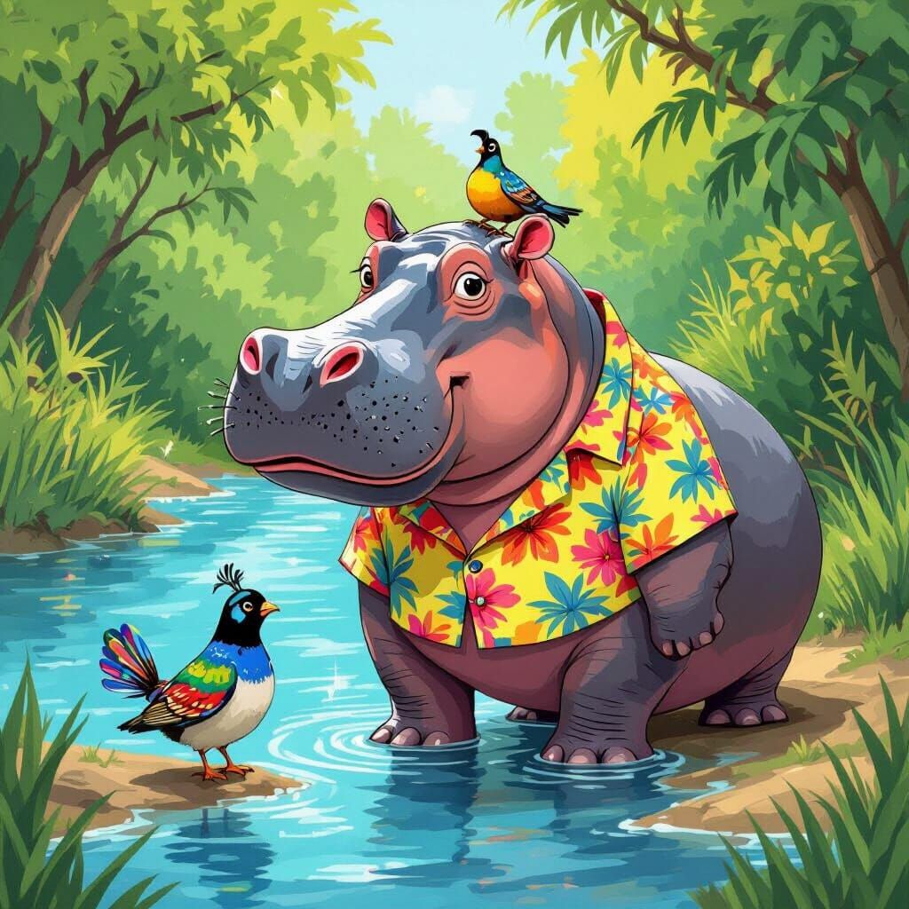 Happy Hippo and Quail Friend by River in Vibrant Style